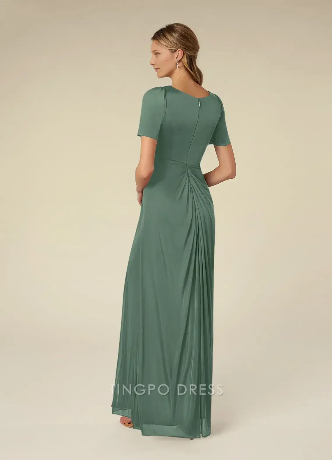 TingPo Wholesale Elegant Mother of the Bride Eucalyptus A-Line Pleated Mesh Dress hot sale for ladies